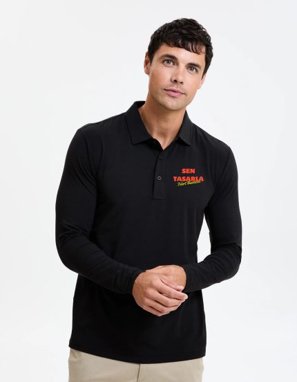 Polo Yaka Uzun Kollu Tişört (Siyah)